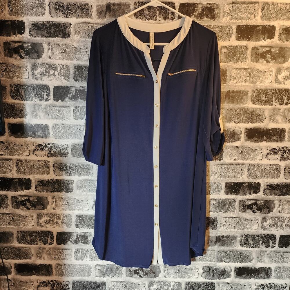 PerSeption Concept Royal Blue and White Button Up Roll Tab Sleeves Dress PL